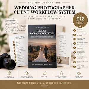 May include: A digital wedding photographer client workflow system guide featuring a central book with a couple on the cover, flanked by a 15-stage client journey list and a wedding day checklist, accompanied by a black camera on the left side.