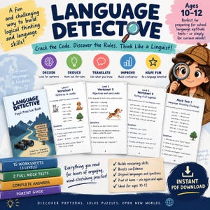 Può includere: Libro di esercizi Language Detective per bambini dai 10 ai 12 anni, con 15 schede su 3 livelli, 2 test di prova, risposte complete e una guida per i genitori. Il materiale didattico include sfide di decodifica linguistica ed esercizi.
