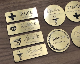 Badge pharmacie personnalisé doré, magnet pharmacien, préparateur, infirmière, sage femme, aide soignante