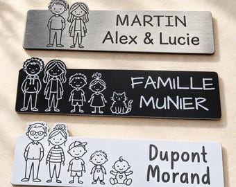 May include: Three rectangular metal signs featuring engraved line art illustrations of families and pets. The top sign is brushed silver with black text reading MARTIN Alex & Lucie. The middle is black with white text FAMILLE MUNIER. The bottom is white with black text Dupont Morand.