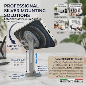 May include: A silver telescopic phone stand with a magnetic mount, featuring a rotating flip design and adjustable height from 5.1 to 7.1 inches. The stand includes a stable, non-slip base and is compatible with MagSafe devices for hands-free use.