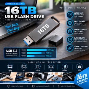 May include: A dark gray 16TB USB 3.2 flash drive with a metal body and a removable cap. The device features a keychain hole and is labeled with 16TB. The image includes text detailing high-speed performance, compatibility, and storage features.