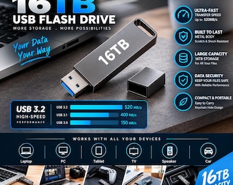May include: A dark gray 16TB USB 3.2 flash drive with a metal body and a removable cap. The device features a keychain hole and is labeled with 16TB. The image includes text detailing high-speed performance, compatibility, and storage features.