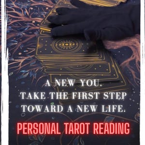 May include: A deck of black tarot cards with gold celestial designs fanned out. The text reads: A NEW YOU. TAKE THE FIRST STEP TOWARD A NEW LIFE. PERSONAL TAROT READING. Order Your Reading NOW. A red arrow points downward toward the bottom of the image.