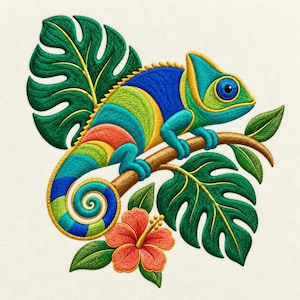 May include: An embroidered patch featuring a vibrant, multi-colored chameleon perched on a brown branch. The chameleon displays shades of blue, green, and orange. It is surrounded by large, dark green monstera leaves and a single orange hibiscus flower.