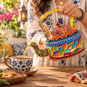 May include: A vibrant, hand-painted metal tea kettle featuring a multi-colored scale pattern, a yellow handle, and a matching lid. The kettle is pouring tea into a white ceramic cup decorated with blue floral patterns, set on a wooden table.