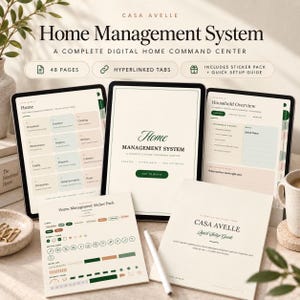 May include: A digital home management system displayed on three tablets, featuring a 48-page layout with hyperlinked tabs. Includes a sticker pack and a quick setup guide. The interface uses a neutral colour palette with text labels for household, routines, cleaning, maintenance, projects, kitchen, family, finances, contacts, documents, and inventory.