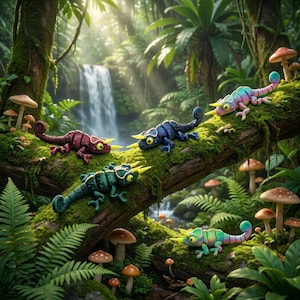 Peut inclure: Quatre figurines de caméléons articulées aux couleurs rouge, bleu foncé, vert foncé et pastel irisé, chacune dotée d'une corne jaune, posées sur une branche d'arbre moussue entourée de champignons bruns dans une forêt.