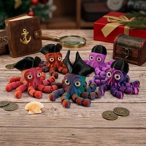 May include: Five articulated octopus figurines wearing black pirate hats, each featuring a distinct color gradient including red, orange, blue, purple, and magenta. The figures have large white eyes and segmented tentacles, arranged on a wooden surface.