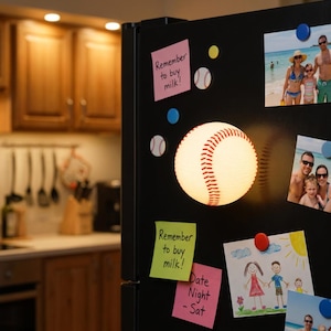 May include: A black refrigerator door featuring a large, round, white baseball-shaped magnet with red stitching. The door is decorated with various items, including two pink sticky notes with the text "Remember to buy milk!" and "Date Night - Sat", a yellow sticky note, a child's drawing, and two family photographs.