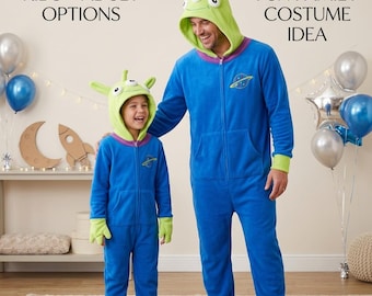 Blauer Dreiaugiger-Alien-Einteiler für Kinder und Erwachsene, Plüsch-Kapuzenoverall, Halloween-Cosplay-Pyjama, süßes Outfit für Familienfeiern