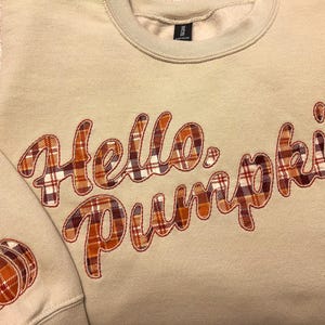 Op de afbeelding: Een beige sweater met ronde hals en de geborduurde tekst Hello, Pumpkin in een bruin, oranje en wit ruitpatroon. De mouw is voorzien van een bijpassend geborduurd pompoenontwerp. De letters zijn omlijnd met donkerbruin garen.
