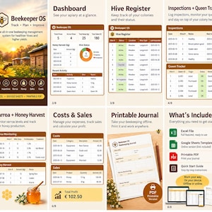 May include: Beekeeper OS digital management system for apiaries, featuring a dashboard, hive register, queen tracker, varroa monitoring, honey harvest logs, cost and sales tracking, and a printable journal template in Excel, Google Sheets, and PDF formats.