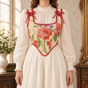 May include: A cream-colored long-sleeve blouse with a high ruffled collar and smocked cuffs, worn under a structured corset-style bodice featuring a vibrant floral print of large red peonies and green leaves with red ribbon shoulder ties.