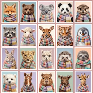 Peut inclure: Une grille de vingt portraits individuels représentant divers animaux, dont un renard, un ours, un koala, un panda, une loutre, un raton laveur, un mouton, un cerf, un tigre, un pingouin, un lapin, un lion, un alpaga, un hérisson et une girafe.