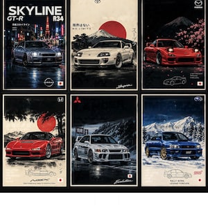 May include: A set of six rectangular posters featuring Japanese sports cars including a silver Nissan Skyline, white Toyota Supra, red Mazda RX-7, red Honda NSX, silver Mitsubishi Evolution, and blue Subaru Impreza, each with text and logos.