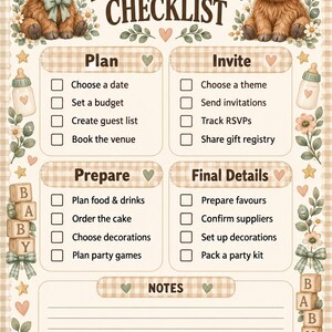 May include: A Baby Shower Checklist printed on a beige gingham background featuring two brown highland cows, baby bottles, alphabet blocks, and flowers. The text includes sections for Plan, Invite, Prepare, Final Details, and Notes with checkboxes.