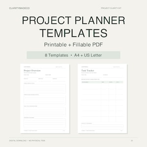 Puede incluir: Plantillas de planificador de proyectos con documentos PDF imprimibles y rellenables. El conjunto incluye 8 plantillas en tamaños A4 y US Letter. La imagen muestra una página de resumen del proyecto y una página de seguimiento de tareas.
