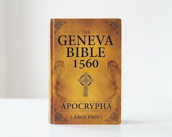 May include: A brown hardcover book titled The Geneva Bible 1560 Apocrypha Large Print. The cover features black text, a central Celtic cross illustration, and two faint, mirrored profile silhouettes of figures on either side of the cross.