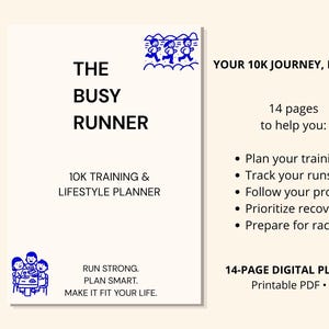 Könnte beinhalten: Ein 14-seitiger digitaler Planer mit dem Titel The Busy Runner 10K Training & Lifestyle Planner. Das weiße Dokument zeigt blaue Strichzeichnungen von Läufern und essenden Personen sowie Text zur Trainingsplanung und Fortschrittsverfolgung.