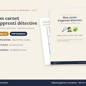 Peut inclure: Un cahier d'activités à imprimer intitulé Mon carnet d'apprenti détective pour les enfants de 6 à 9 ans. Ce document de 25 pages A4 propose 20 activités sans écran, incluant des labyrinthes, des codes et des énigmes, avec solutions et diplôme.