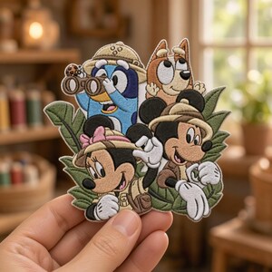 Mickey And Friends Bluey and Bingo Embroidered Patch, Safari Iron On Patch, Jungle Explorer Design for Kids Backpacks