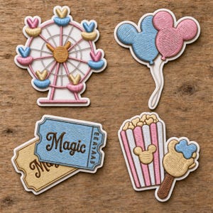 May include: Four embroidered patches featuring a pink and white Ferris wheel with blue and gold seats, two Mickey-shaped balloons in blue and pink, two tickets with the word Magic, and a popcorn bucket with a Mickey-shaped snack on a stick.