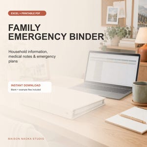 Peut inclure: Un modèle numérique de classeur d'urgence familial avec fichiers Excel et PDF imprimables. Le texte indique Family Emergency Binder, Household information, medical notes & emergency plans, et Instant Download. Un ordinateur portable, un carnet et un stylo sont visibles.