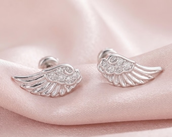 Pendientes de botón con alas de ángel diminutas, delicados pendientes labret minimalistas, pendientes de plata con parte trasera plana, pendientes tipo durmiente, regalo de Navidad para ella.