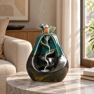 Ceramic Pear Backflow Incense Burner: Teal Leaf Waterfall Effect (Meditation Zen), Ceramic Ornament