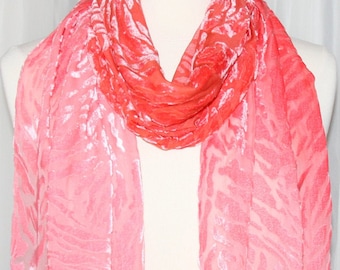 Scarf 14x72 in  Hand dyed OOAK Ombre Pink Animal Print pattern Cut Velvet