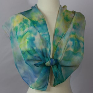 Wearable Art Pure Silk Chiffon Scarf OOAK Hand Dyed Blue Turquoise Lemon Multi  14"x72"