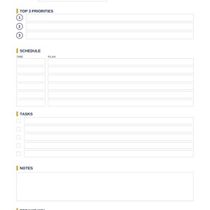 Puede incluir: Una hoja de planificador diario blanca con texto azul oscuro y detalles dorados. Las secciones incluyen Fecha, Top 3 Prioridades, Horario con columnas de tiempo y plan, Tareas con casillas de verificaci&oacute;n, Notas y Logro del d&iacute;a. Logo ALI arriba.
