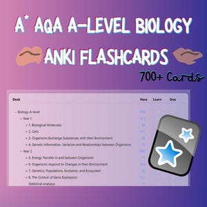 May include: A digital interface displaying A* AQA A-Level Biology Anki flashcards with 700+ cards. The screen shows a list of biology topics including biological molecules, cells, genetic information, energy transfer, and gene expression in a deck format.