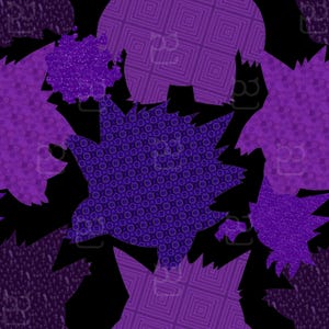 May include: A repeating pattern featuring purple silhouettes of a spiky, round creature against a solid black background. The shapes display various textures, including geometric squares, dense circular dots, and grainy, speckled surfaces.