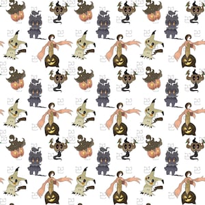 May include: A repeating pattern on a white background featuring cartoon characters including a beige ghost-like figure with black ears, a dark purple shadowy creature, a brown pumpkin-shaped figure, and a tan figure with pink ribbons.