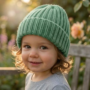 May include: A sage green ribbed knit beanie hat with a folded cuff. The hat features a thick, vertical knit texture and is constructed from a soft yarn material, providing a snug fit around the head with a classic, rounded crown shape.