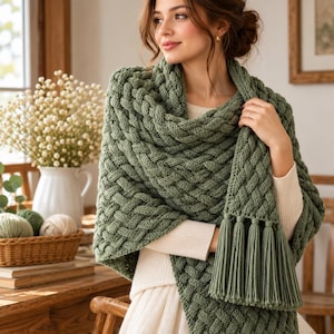May include: A sage green knitted shawl featuring a thick, textured basketweave pattern and long, matching fringe tassels at the ends. The wrap is crafted from a chunky yarn, providing a dense, woven appearance that drapes over the shoulders.