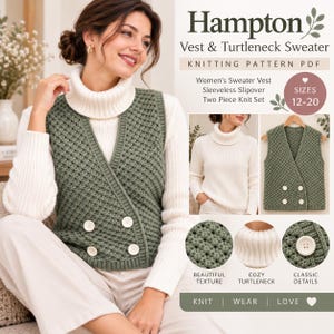 Pode incluir: Um padrão de tricot em PDF para o conjunto Hampton de colete e camisola de gola alta. O design apresenta um colete sem mangas verde sálvia com ponto texturado e quatro botões brancos, usado sobre uma camisola de gola alta canelada creme.