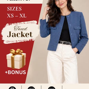 May include: A digital sewing pattern PDF for a blue tweed jacket in sizes XS-XL. The image features text including Digital Sewing Pattern PDF, Tweed Jacket, +BONUS, and Instant Download, along with icons for A4/US Letter printable, print, tape, cut, and step-by-step instructions.