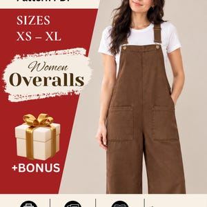 May include: Digital sewing pattern PDF for overalls in sizes XS-XL. The graphic features text including Digital Sewing Pattern PDF, SIZES XS-XL, Women Overalls, +BONUS, A4 / US LETTER PRINTABLE, PRINT TAPE CUT, STEP-BY-STEP INSTRUCTIONS, and Instant Download.
