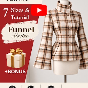 May include: A digital sewing pattern PDF for a funnel jacket with 7 sizes and a tutorial. The jacket is beige with a brown and black plaid pattern, featuring a high collar, long flared sleeves, and a front button closure. Includes bonus.