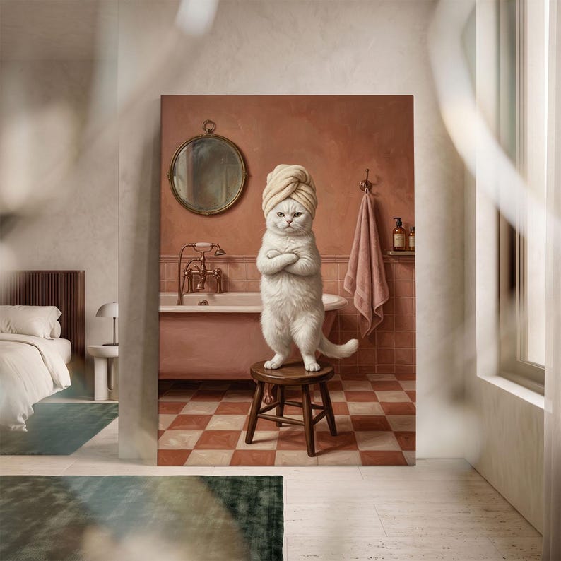Funny Cat in Bathroom Canvas Print, Grumpy White Cat Wall Art ...