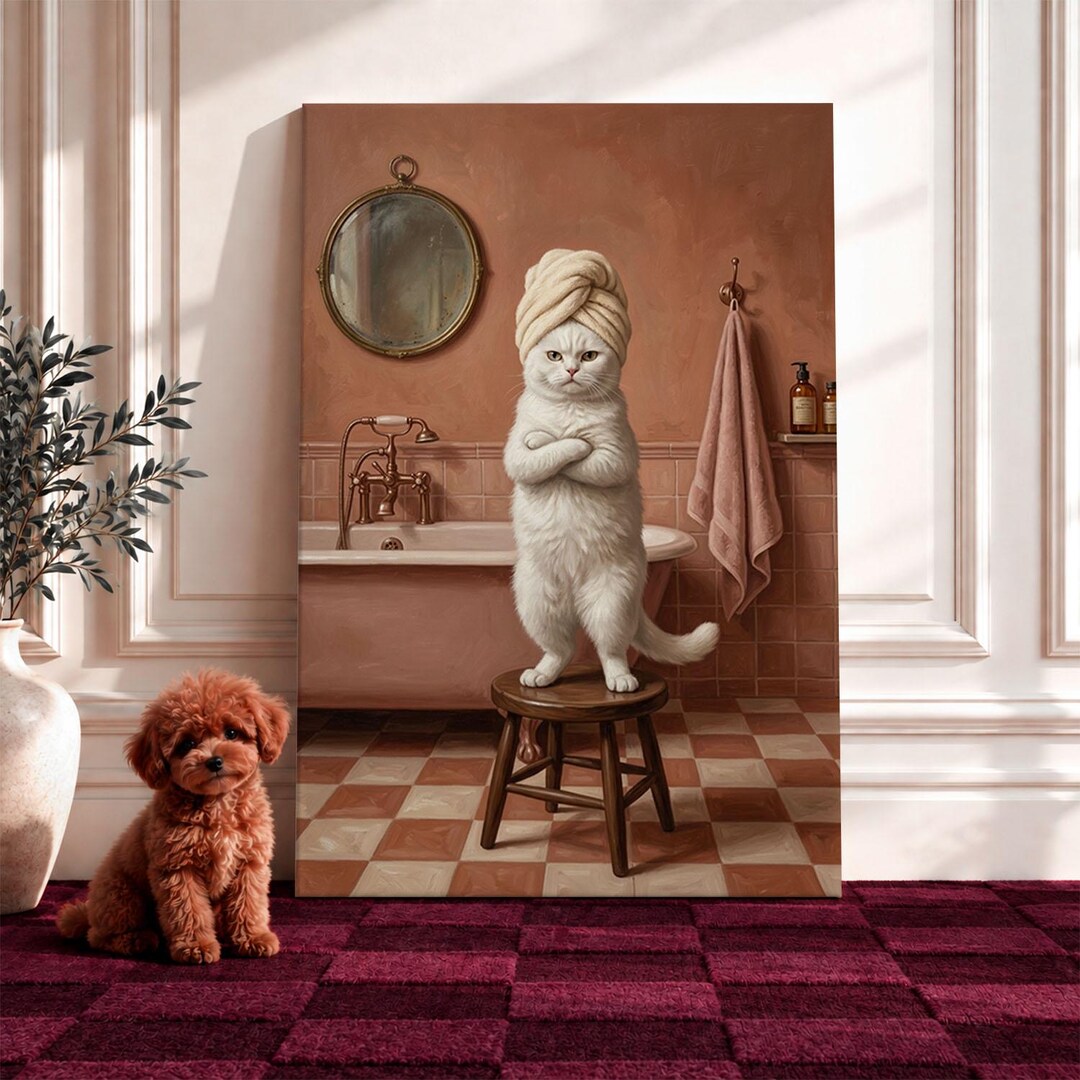 Funny Cat in Bathroom Canvas Print, Grumpy White Cat Wall Art ...