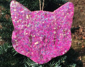Roze Glittery Kitty Ontkoppeld Wood Cat Kerst Huisdier Ornament