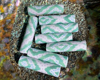 Ikat in Green Hand Rolled Chunky Paper Beads 1.5” Large Hole  for Cording: Set of 8