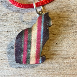 Kitty Cat Striped Wooden Pendant Decoupage with Red Satin Rattail Cord