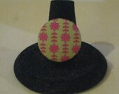 Green and Fuschia Vintage Style Fabric Covered Button Antique Brass Adjustable Ring