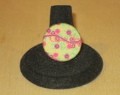 Vintage Style Floral Pink and Green Fabric Covered Button Antique Brass Adjustable Ring