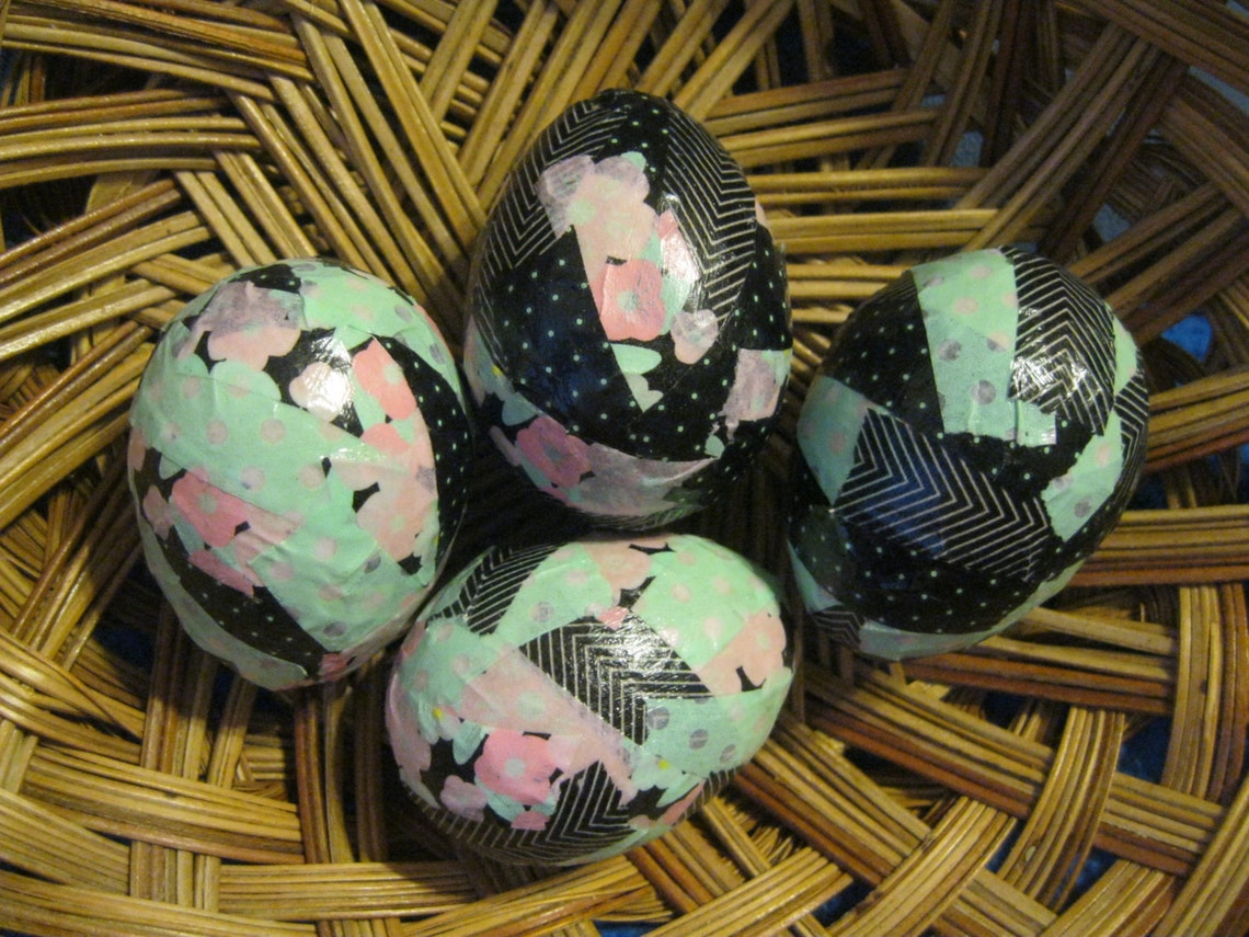 Flowers and Polka Dots Decoupage Paper Mache Eggs Washi Tape Etsy
